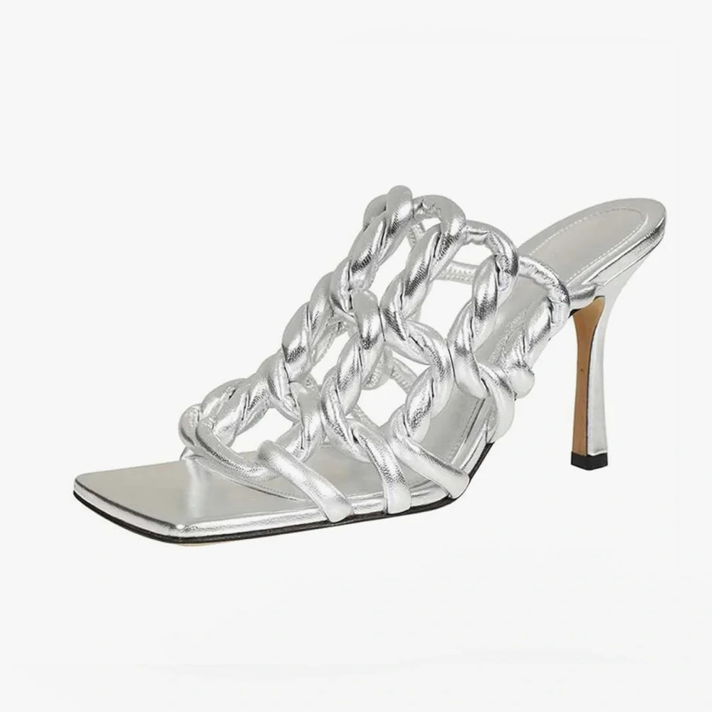 Goolita Metallic Braided Sandals Open Toe Stiletto Mule Heels Sexy Backless
